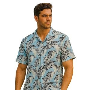 Nickel & Iron Hawaiian Shirt Tropical Leaf Print Button Up Casual Men‎ XXL NWOT